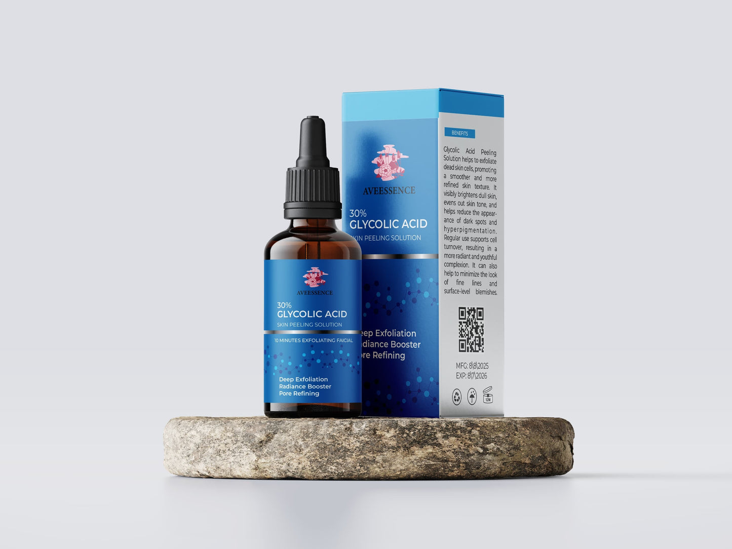 Aveessence 30% Glycolic Acid Skin Peeling Solution bottle and packaging on stone surface