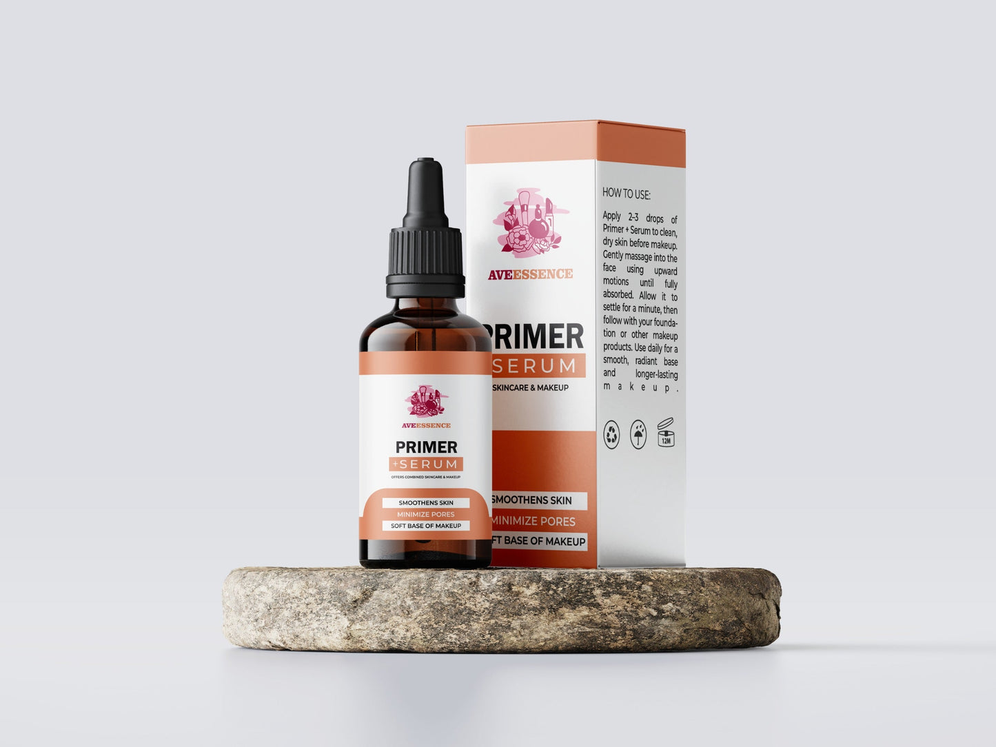 Aveessence Primer + Serum bottle and packaging on stone surface