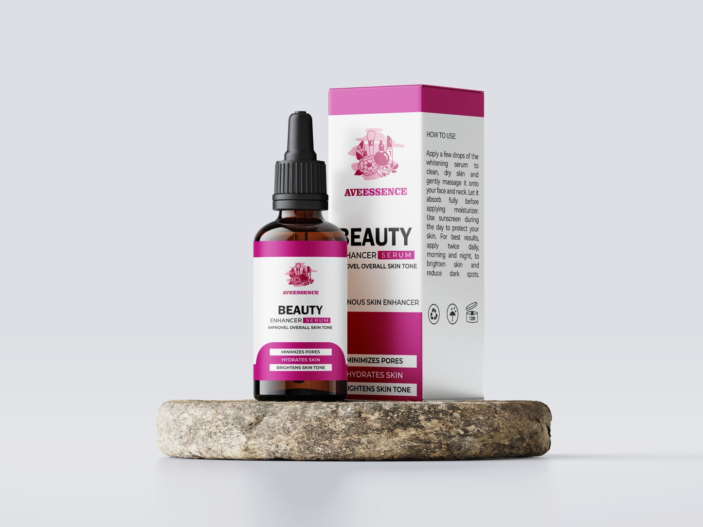 Aveessence Beauty Enhancer Serum bottle and packaging on stone surface