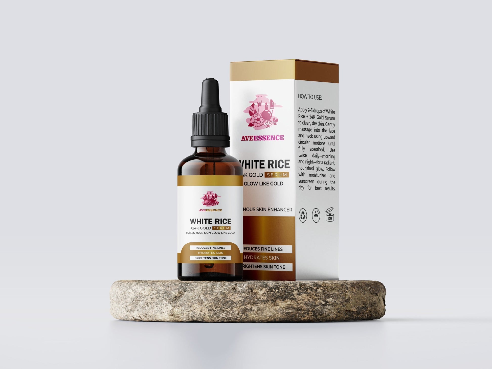 Aveessence White Rice + 24K Gold Serum bottle and packaging on stone surface